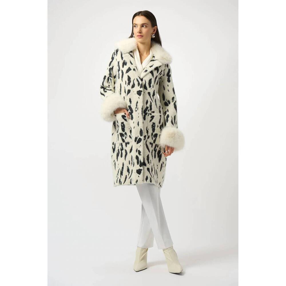 NEW JOSEPH RIBKOFF animal print faux fur coat in winter white/black